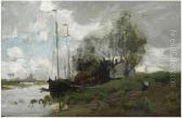 A Canal Near Zwijndrecht Oil Painting by Theophile Emile Achille De Bock