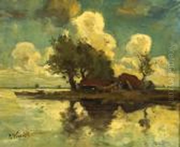 Landscape With Farms By Thewaterside Oil Painting by Theophile Emile Achille De Bock