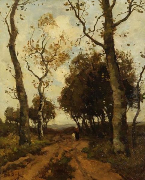 Herbstlandschaft - Frau Mit Ziege Oil Painting by Theophile Emile Achille De Bock