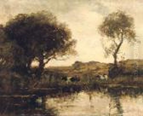 Cattle By A Lake Oil Painting by Theophile Emile Achille De Bock