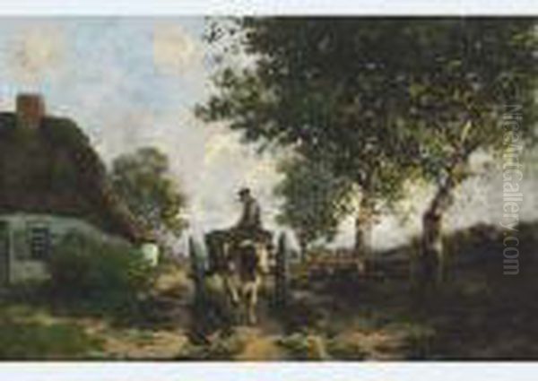 Farmer Driving His Ox Cart On A Country Lane Oil Painting by Theophile Emile Achille De Bock