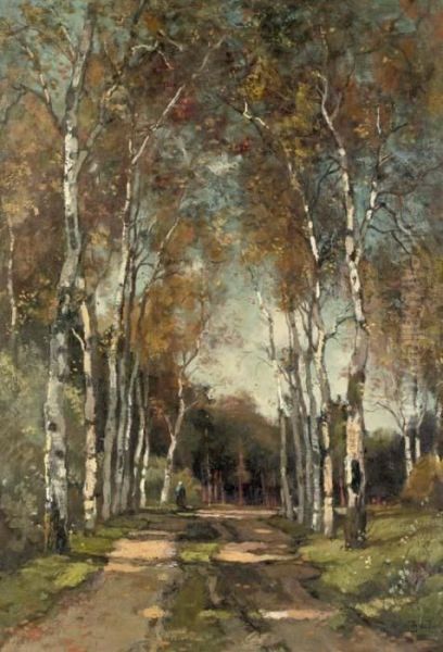 A Birch-lined Lane Oil Painting by Theophile Emile Achille De Bock