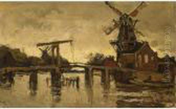 Draw Bridge With Windwill De Adriaan, Haarlem Oil Painting by Theophile Emile Achille De Bock