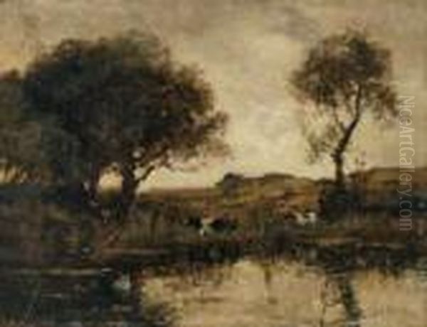 Baumbestandene Weidelandschaft Mit Rindern Am Wasser. Oil Painting by Theophile Emile Achille De Bock