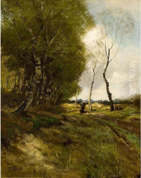 A Peasant Woman On A Path In A Wooded Landscape Oil Painting by Theophile Emile Achille De Bock