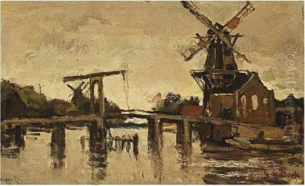 Draw Bridge With Windmill De Adriaan, Haarlem Oil Painting by Theophile Emile Achille De Bock