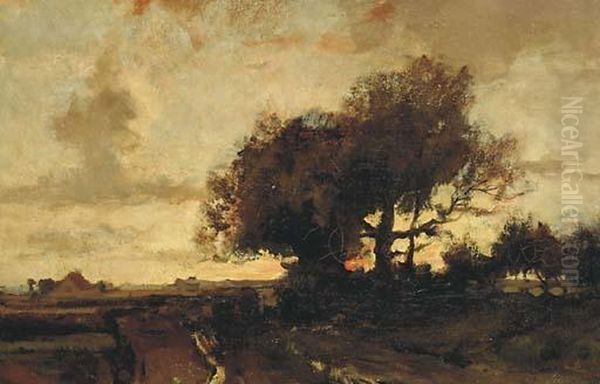 Sunset On A Country Road Oil Painting by Theophile Emile Achille De Bock