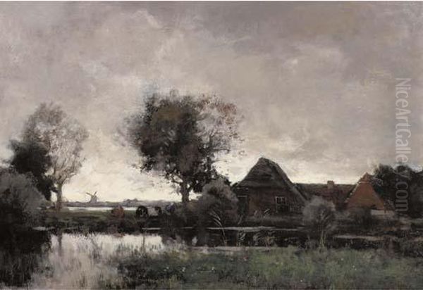 A Polder Landscape With A Farm At Dusk Oil Painting by Theophile Emile Achille De Bock