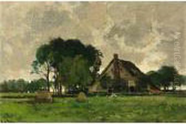 A Farm In A Polder Landscape Oil Painting by Theophile Emile Achille De Bock