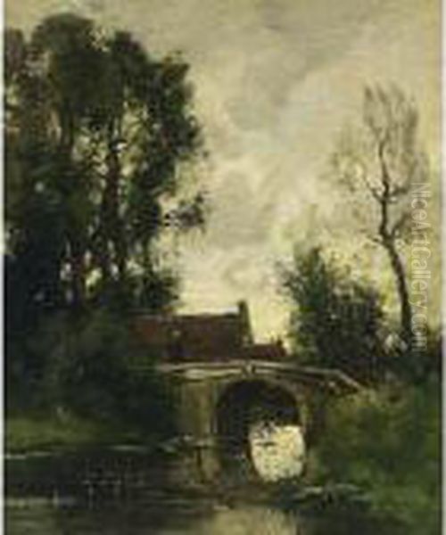 A Figure Crossing A Bridge In A Wooded Landscape Oil Painting by Theophile Emile Achille De Bock