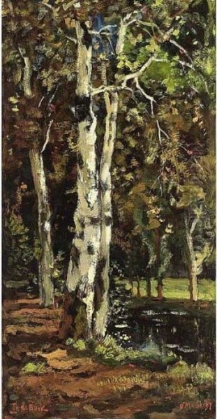 Birch Trees By A Pond Oil Painting by Theophile Emile Achille De Bock