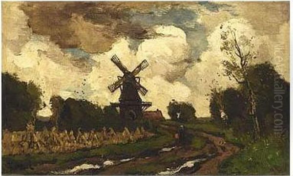 A Windmill In A Stormy Landscape Oil Painting by Theophile Emile Achille De Bock