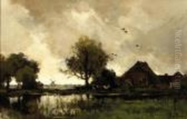 A Stormy Day: A Farm In A Polder Landscape Oil Painting by Theophile Emile Achille De Bock