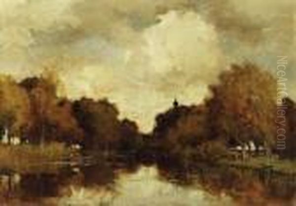 A Wooded River Landscape
Oil On Canvas Oil Painting by Theophile Emile Achille De Bock