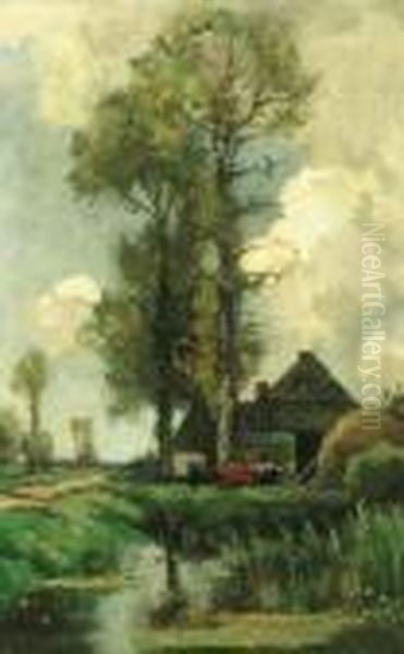 Cattle Near A Stable By A Polder Pond Oil Painting by Theophile Emile Achille De Bock