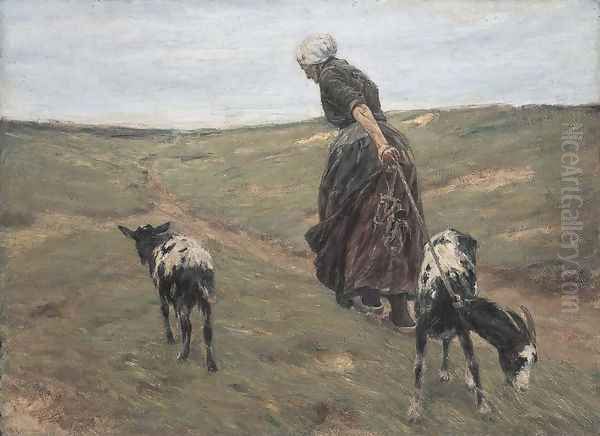 Woman with Goats in the Dunes Oil Painting by Max Liebermann