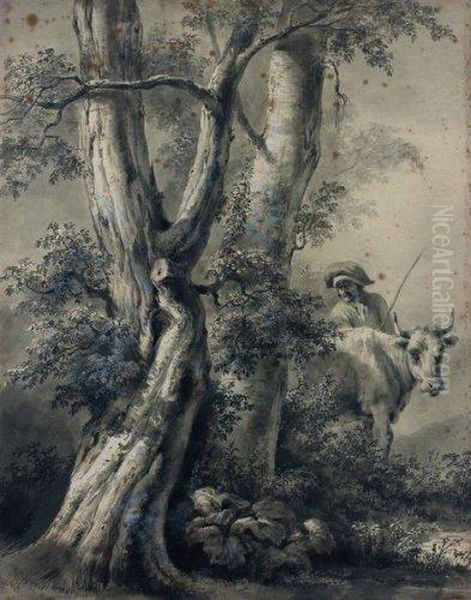 Etude D'arbre Avec Un Berger Et Une Vache Oil Painting by Jean-Jacques De Boissieu