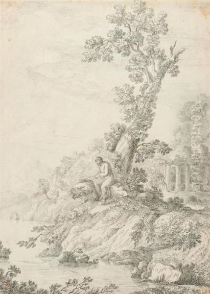 Hermit Reading In A Classical Landscape Oil Painting by Jean-Jacques De Boissieu