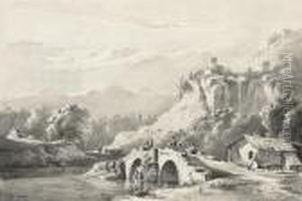 An Extensive Mountainous 
Landscape With Travellers On A Bridge By A Cottage, A Town Seen Beyond Oil Painting by Jean-Jacques De Boissieu