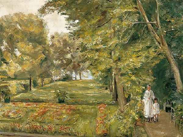 The Artist's Granddaughter with her Governess in the Wannsee Garden Oil Painting by Max Liebermann