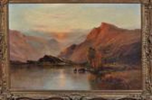 Sunset, Head Of Loch Vennacher N.b. Oil Painting by Alfred de Breanski