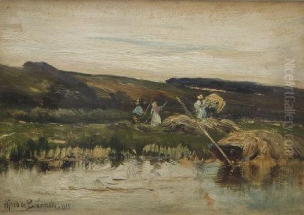 Haymaking On Bolney Island Oil Painting by Alfred de Breanski