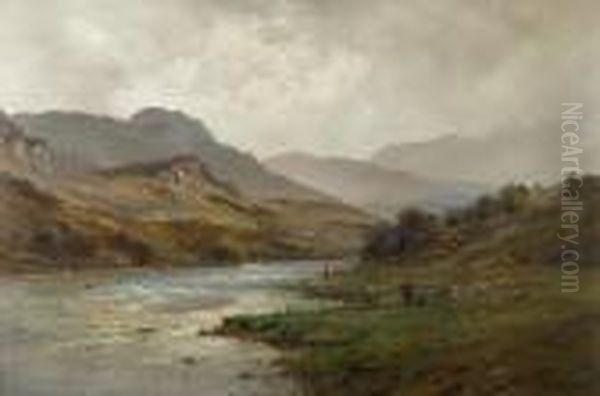 The Llugwy In Flood - Capel Curig Oil Painting by Alfred de Breanski