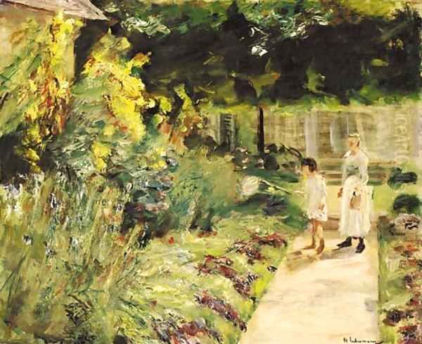 Die Enkelin des Kanstlers mit ihrem Kindermadchen im Nutzgarten des Landhauses in Wannsee Oil Painting by Max Liebermann