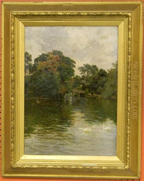 Oil On Canvas Landscape Of Swans In A Pond Oil Painting by Alfred de Breanski