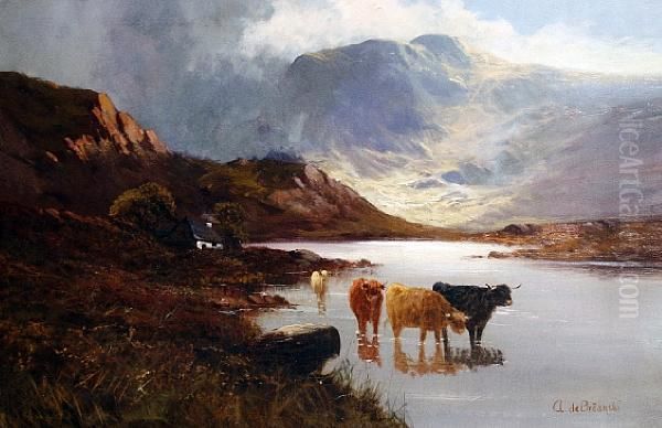 Cattle Watering Oil Painting by Alfred de Breanski