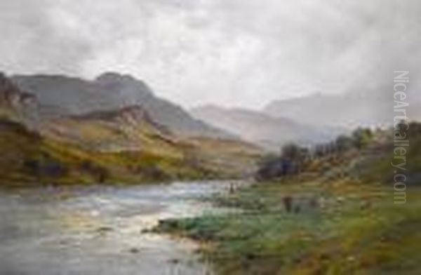 The Llugwy In Flood, Capel Curig Oil Painting by Alfred de Breanski