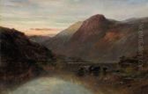 Cattle Watering In A Highland Loch Oil Painting by Alfred de Breanski