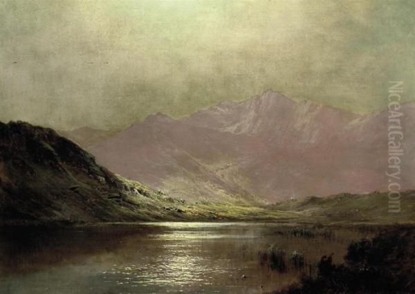 Moonlight, Llyn Swernon, Dolgelly Oil Painting by Alfred de Breanski