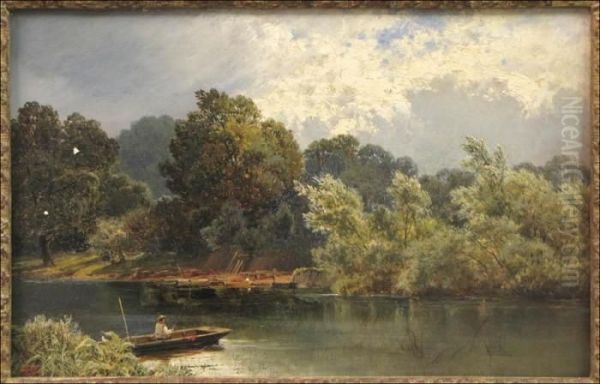 Fisherman On River Landscape Oil Painting by Alfred de Breanski