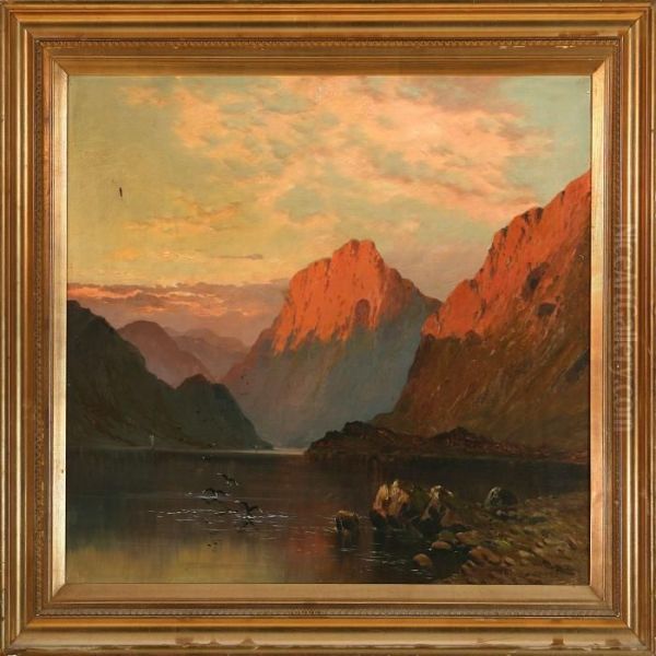 View From The Buttermere Lake District At Sunset Oil Painting by Alfred de Breanski