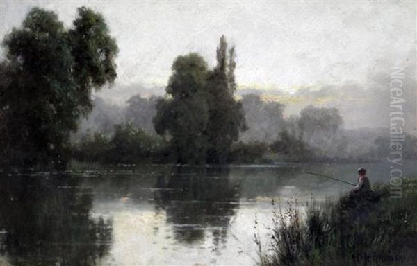 Angler In A Landscape Oil Painting by Alfred de Breanski