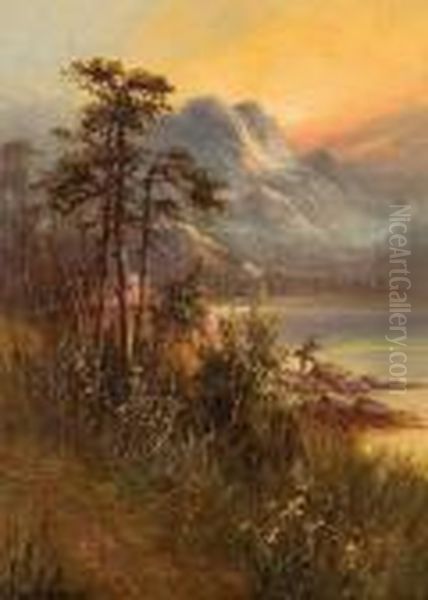 Lake In Scotch Mountains Oil Painting by Alfred de Breanski