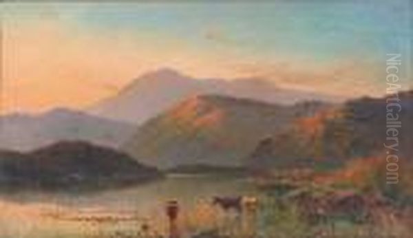 An Extensive Highland Landscape At Sunset With Cattle Watering In The Foreground Oil Painting by Alfred de Breanski