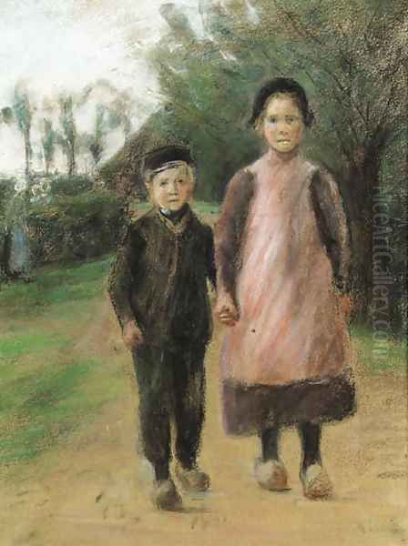 Junge und Madchen auf der Dorfstrasse Oil Painting by Max Liebermann