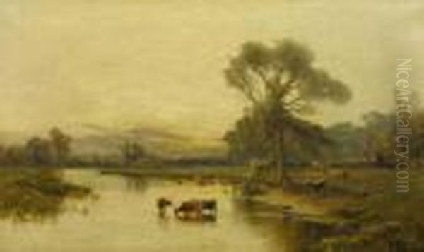 Cattle Watering In A River Landscape Oil Painting by Alfred de Breanski