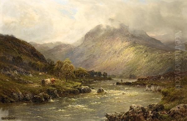 In A Highland Valley Oil Painting by Alfred de Breanski