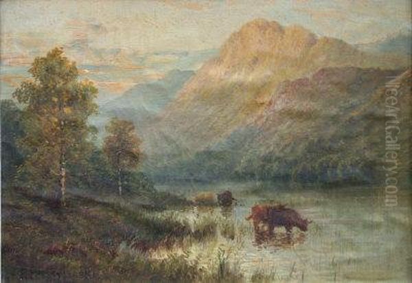 Island Cattle, Watering. Oil Painting by Alfred de Breanski