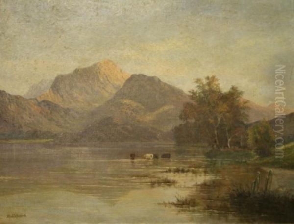 Cattle Watering At The Shore Of A Highland Loch Oil Painting by Alfred de Breanski