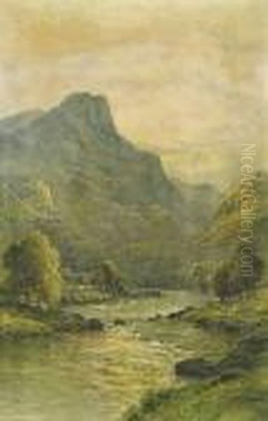 Vue D'une Riviere. Oil Painting by Alfred de Breanski