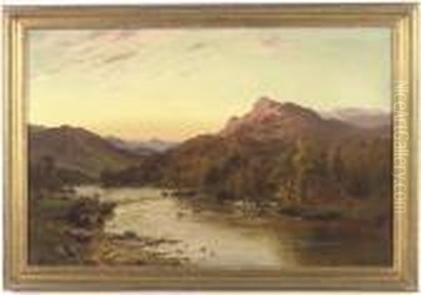 An Angler In A Mountainous River Landscape Oil Painting by Alfred de Breanski