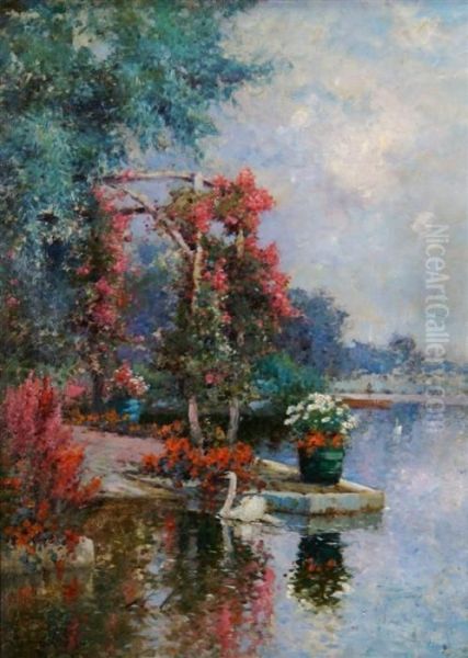 A Garden On The Upper Thames Oil Painting by Alfred de Breanski