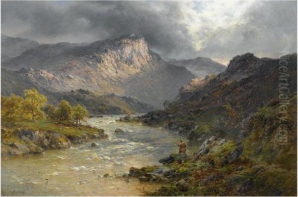 A Salmon Trout Stream, Cader Idris, North Wales Oil Painting by Alfred de Breanski