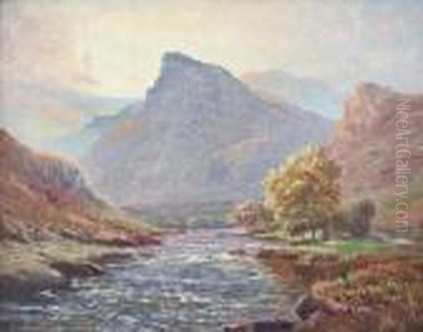 A River Valley Oil Painting by Alfred de Breanski