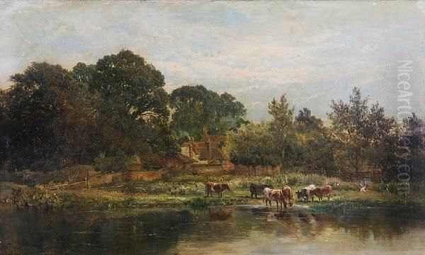 Cattle Watering Oil Painting by Alfred de Breanski