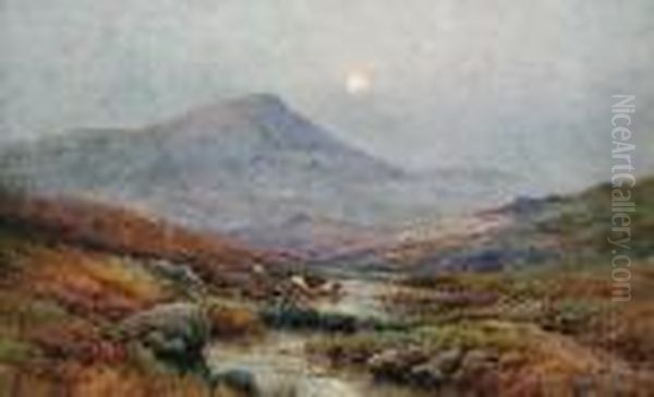 Moonrise, Taw Marsh, Dartmoor Oil Painting by Alfred de Breanski